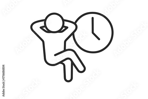 Taking a break, time management and relaxation icon. Vector shows stress free routine, calm scheduling. Person relaxing, chilling, resting. Procrastination, work life balance.