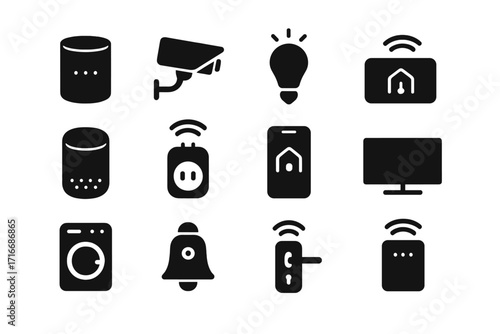 Smart home icons set. Minimalist black silhouette style glyphs. Vector illustration of gadgets and devices for home automation and internet of things (IoT) technology.