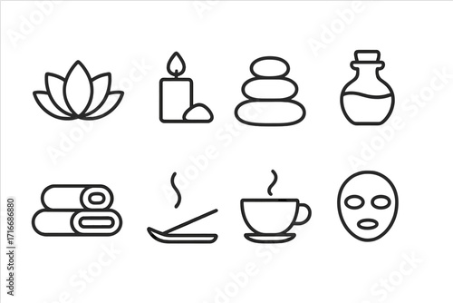 Spa and wellness line icon set for beauty and relaxation. Vector symbols for meditation and self-care. Lotus, candle, hot stones, massage oil, towels, incense, tea, face mask.