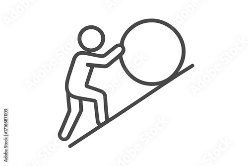 Sisyphus myth icon. Person pushing big stone up hill. Metaphor for challenge, struggle, and perseverance. Business concept for obstacle, determination, and hard work.