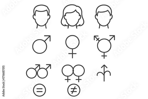 Gender identity & sexual orientation thin line vector icons. Male, female, transgender symbols. Man & woman face avatar. Gay, lesbian, non-binary & equality signs pictogram.