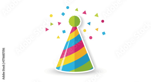Colorful striped party hat with confetti on a white background celebration design
