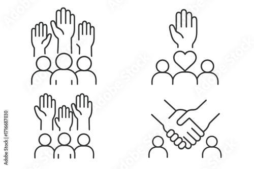 Volunteers and charity icons. Raised helping hands. Crowd of people ready to help. Teamwork, support and contribution concept. Community, unity, vote and donation symbol.