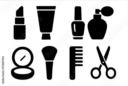 Beauty and makeup icon collection. Minimalist black silhouettes of cosmetic products and tools. Vector set includes lipstick, powder, nail polish, perfume, brush, comb, scissors.