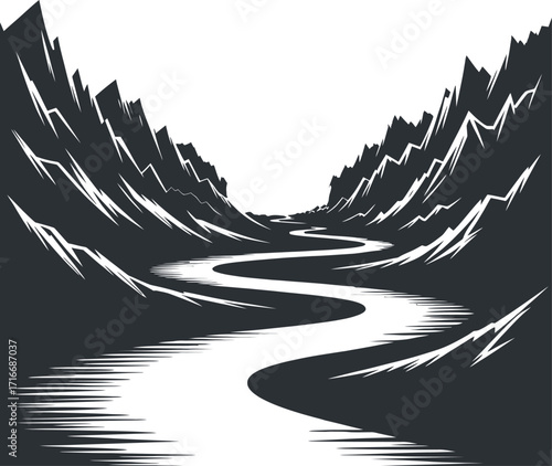 River Valley Illustration Vector Art Isolated Landscape with Mountains and Water