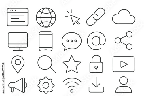 Website and internet thin line icons for web design. Digital online network experience symbol set. UI UX elements for mobile app, social media, and communication vector.