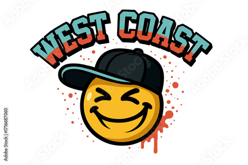 West Coast graffiti slogan with smiling emoji in a cap. Humorous retro stylization for t-shirt printing. Urban street art graphic design. Vintage college varsity typography.