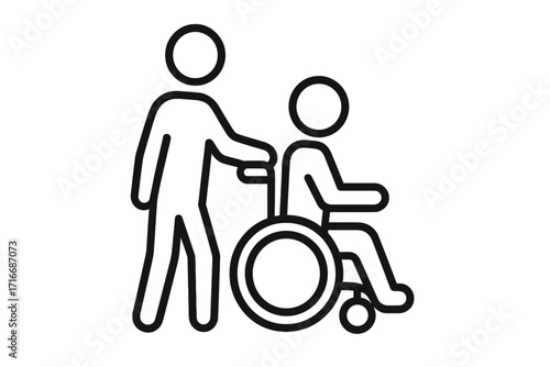 Wheelchair user with disability assistance icon. Person helping a disabled patient. Concept for support, accessibility, care, volunteering, nursing and social aid. Vector line symbol.