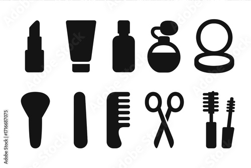Cosmetics and beauty tools icon set. Minimalistic black silhouette vector collection. Makeup artist kit. Lipstick, mascara, perfume, powder, brush, comb, scissors icons.