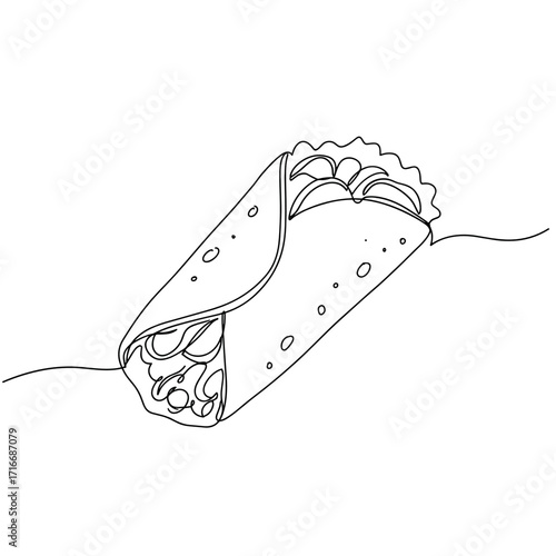 Line art illustration of a burrito with various fillings  