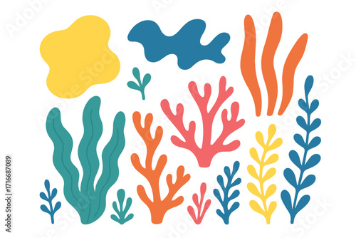 Summer card design with ocean abstract organic shapes and colorful flat vector underwater plants, algae, seaweed, and coral elements in cute naive style, tropical marine life background vector