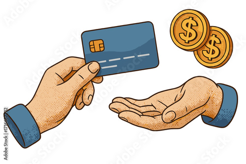 Hands holding credit card and gold coins, online payment concept, digital financial transactions, secure money transfer, digital banking, cashless payment illustration, finance technology design
