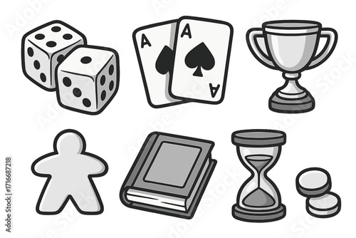 Monochrome gaming icons set for board games and leisure. Vector cartoon illustration of dice, playing cards, trophy, meeple pawn, rule book, hourglass timer, and game tokens or chips.