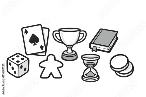 Gaming icon set for board games and tabletop entertainment. Includes dice, cards, trophy, meeple, rulebook, hourglass, and tokens. Monochrome vector cartoon illustration.