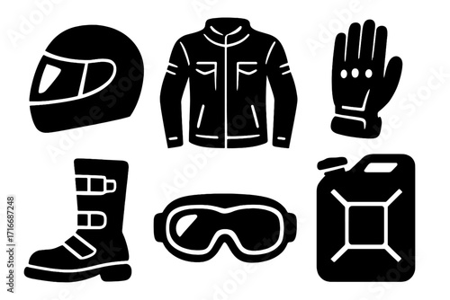 Motorcycle gear icon set. Biker equipment silhouettes vector. Protective rider apparel collection with helmet, jacket, boots, gloves, goggles and gas can. Moto safety symbols.