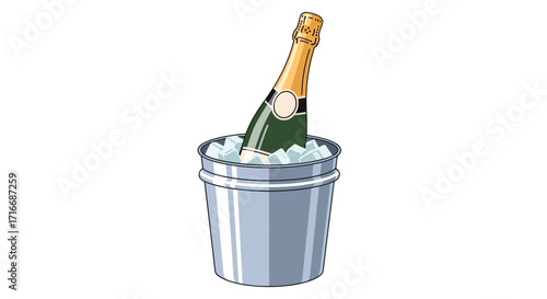 A refreshing bottle of champagne chilling in a silver ice bucket illustration vector graphic