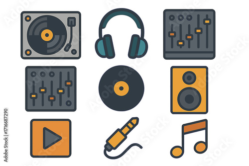 Music and DJ equipment icons set, turntable, headphones, vinyl disc, audio mixer, speaker, play button, and audio jack in flat cartoon style, transparent background, vector illustration