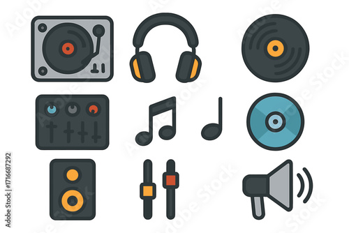 Music and DJ equipment icons set with turntable, headphones, vinyl disc, mixer, speaker, volume controls, musical notes, and megaphone in flat cartoon vector style, transparent background