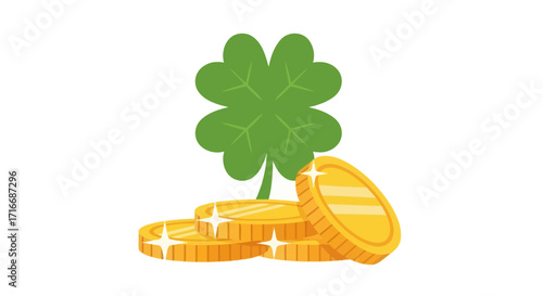 St. Patrick's Day Illustration with Clover and Gold Coins for Good Luck and Wealth