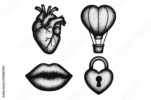 Retro stippling style romantic elements set with human heart, heart-shaped hot air balloon, lips, and heart lock, imperfect craft effect illustration for Valentine's Day design concepts