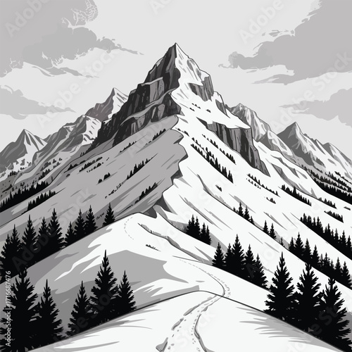 Snowy Mountain Peak Vector Illustration Art Isolated with Pine Trees and Footprints