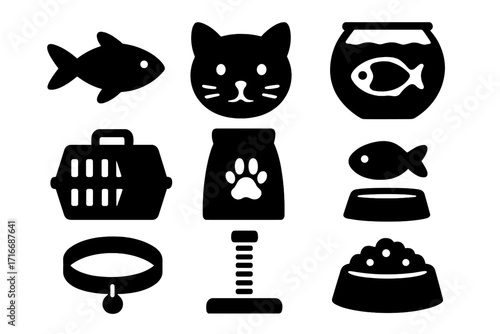 Silhouette icons of essential pet supplies for cats and fish, including cat face, fishbowl, pet carrier, scratching post, collar, food bowls, and fish, vector illustration