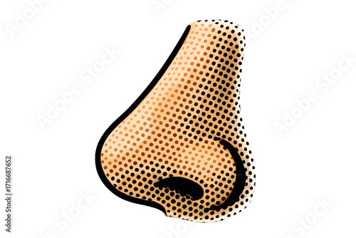 Trendy retro halftone style human nose vector illustration, dotted cartoon design isolated on white background, vintage pop art style, colorful dotted skin detail close-up, medical and beauty concept