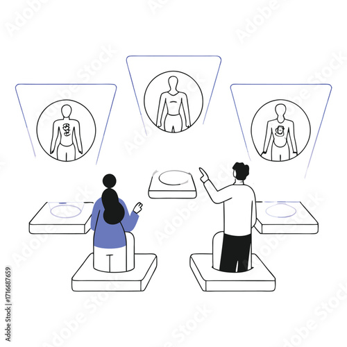 Two colleagues collaborating on a holographic human body projection showcasing futuristic medicine a