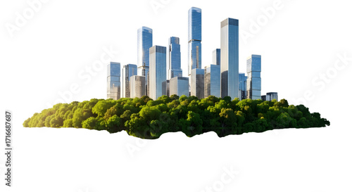 A modern city skyline rising from a lush green forest isolated on transparent background