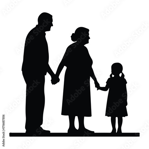 Family holding hands black silhouette white background