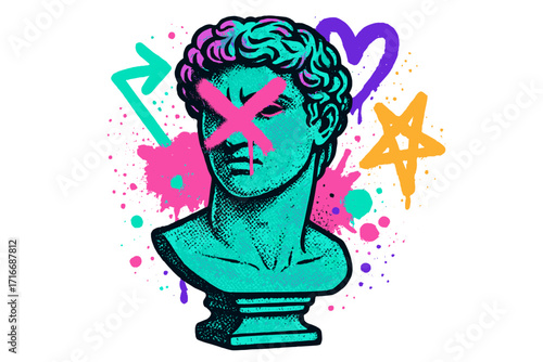 Urban neon graffiti art with halftone Greek sculpture bust vandalized by pink spray paint X, colorful paint splashes and symbols, hipster graphic vector for t-shirt and streetwear design