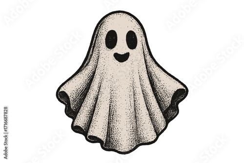 Cute sheet ghost character in a vintage 90s grunge style. Spooky friendly phantom for Halloween. Retro halftone dotted vector cartoon illustration with offset texture.