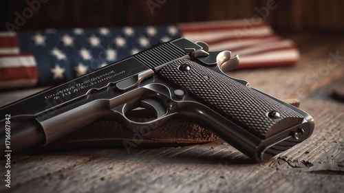 A gun is on a wooden table next to an American flag. The gun is a Beretta and is black