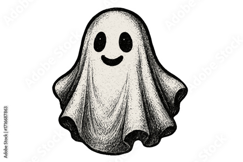 Cute white sheet ghost with a happy smile. Halloween phantom vector illustration with halftone dot texture. Vintage 90s grunge style clipart for spooky retro designs.