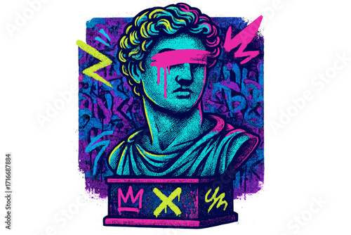 Urban neon graffiti print with halftone Greek sculpture bust, vandal street art concept, hipster graphic vector design for t-shirts, sweatshirts, and apparel fashion