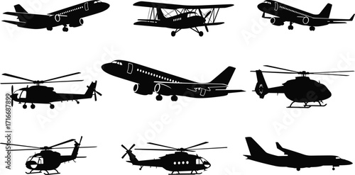 Aircraft silhouettes, airplane icons, helicopter shapes, aviation vector, commercial jets, biplane, rotorcraft, flying machines, transportation, black graphic