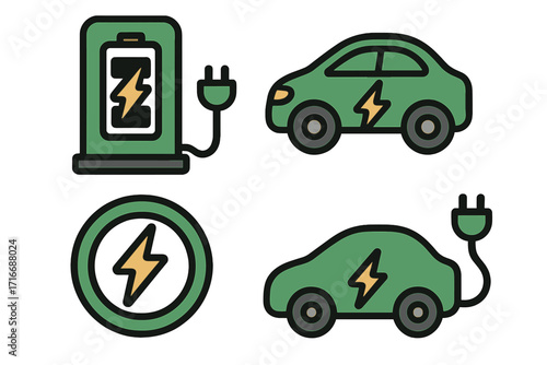 Electric vehicle charging icon set. Vector symbols for EV mobility, sustainability. Includes car, charger station, battery power plug. Green energy and eco transport concept.