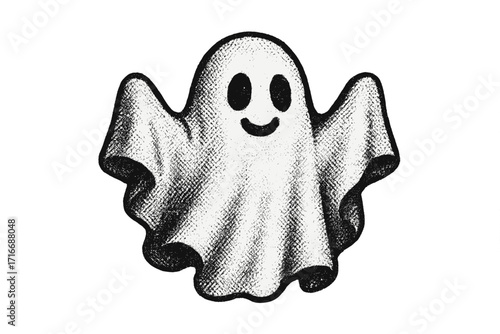 Cute white sheet ghost clipart with halftone dot texture. Vintage 90s grunge style vector illustration. Funny spooky character for Halloween design. Retro cartoon spirit.