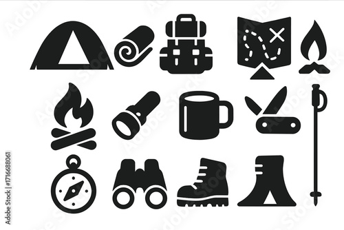 Camping icons set. Outdoor adventure gear. Hiking equipment silhouette. Travel, trekking, tourism symbol collection. Tent, backpack, campfire, map, compass, boot vector.