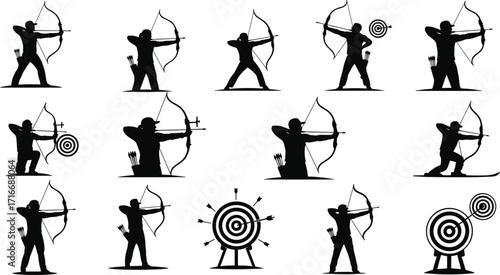 Archery silhouette vector set, archers with bows and arrows, target shooting, hunting practice, sports competition, precision aim, traditional archery illustration