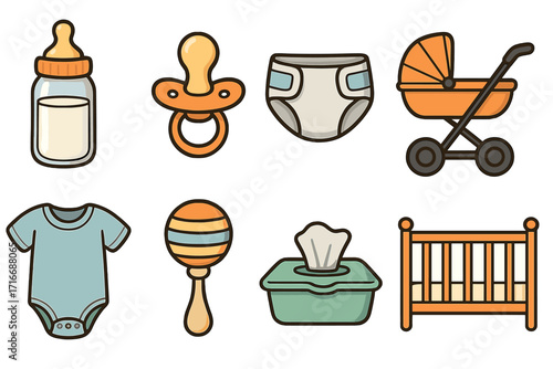 Baby essentials icon collection. Newborn infant care vector set with bottle, pacifier, diaper, stroller, onesie, rattle, wipes, crib. Flat cartoon illustration for parenting.