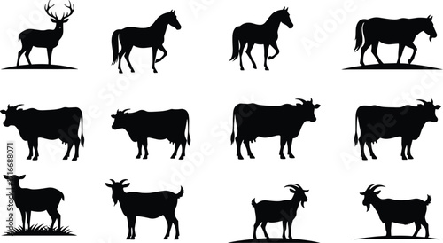 Animal silhouettes, farm animals, wild animals, deer, horse, cow, goat, black and white, vector icons, animal clipart, livestock illustration, animal collection, animal vector, standing