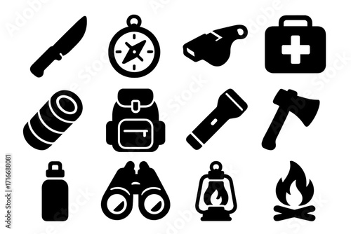 Essential camping gear icon set for outdoor adventure. Survival equipment collection with knife, compass, first aid, backpack, and lantern. Vector hiking silhouette symbols.