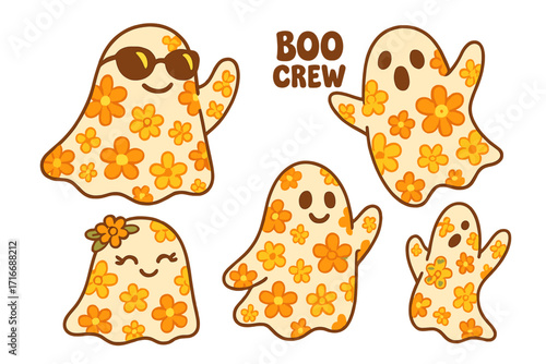 Groovy Halloween ghosts character set. Retro 70s spooky collection with flower power pattern. Funny cartoon boo crew mascot illustration for stickers or party decor.