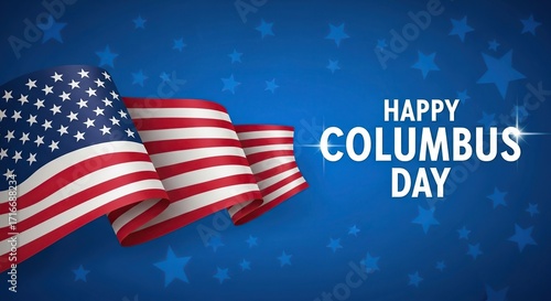 Happy columbus day greeting card with waving american flag and star on blue background