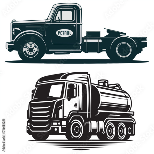 Vintage and Modern Tanker Trucks silhouette : Monochrome Vector Illustration Set for Transportation Industry.