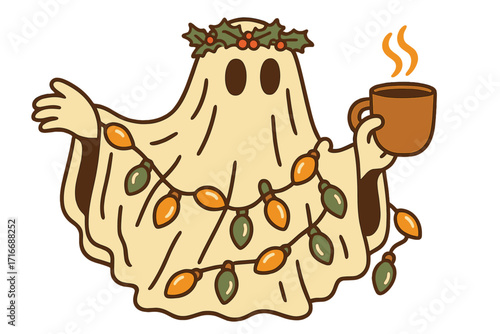 Groovy retro Christmas ghost character spreading holiday spirit. Cute spook with vintage Christmas lights garland and hot cocoa. Festive funny cartoon vector illustration.