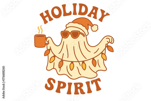 Groovy retro Christmas ghost character with Santa hat, sunglasses. Funny holiday spirit concept with hot cocoa and festive light garland. Vintage 70s vector illustration.