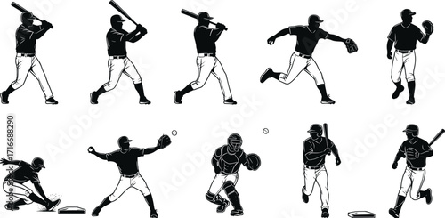 Baseball silhouette players in motion, batter swing, pitcher throw, catcher crouch, sliding, running, black white vector sports illustration