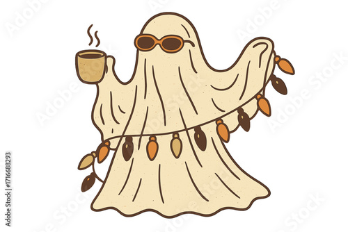 Retro ghost celebrating Christmas with hot coffee and garland. Groovy spook character in sunglasses spreading festive holiday spirit. Vintage 70s style vector illustration.